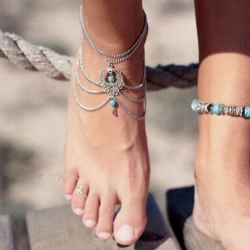 Bohemian Silver Turquoise Ankle Bracelet